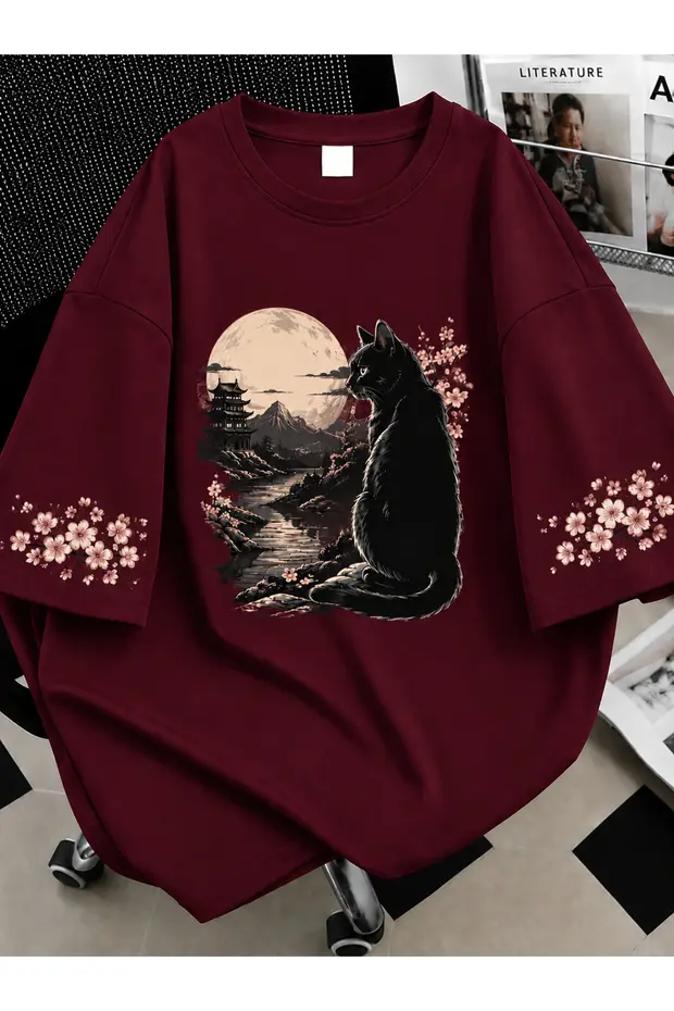 Kadın Black Cat Renkli Özel Baskılı Oversize Sıfır Yaka Penye T-Shirt